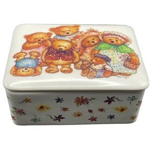 Mary's Bears Porcelain Trinket Box Teddy Bears and Flowers Signed Mary